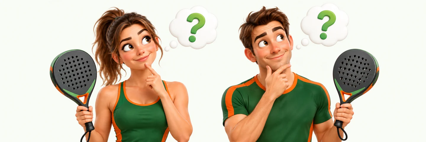 A funny female and male padel player thinking of questions